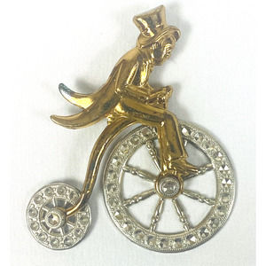 Antique Vintage Brooch High Wheel Bicycle w/ Rider & Moving Wheels - Rhinestones